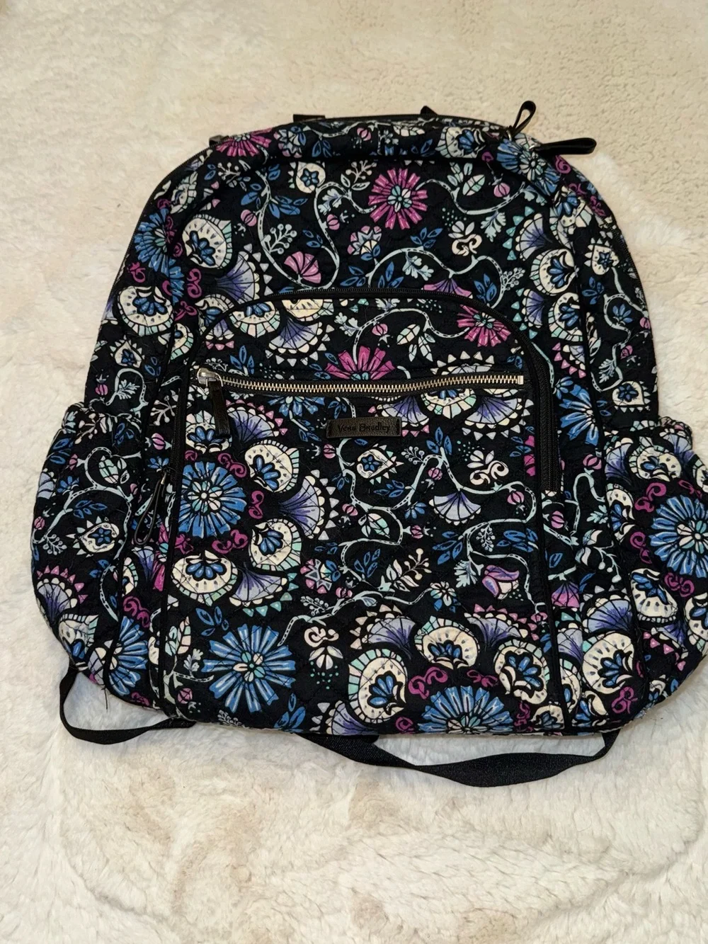 Vera Bradley Black Floral Quilted Backpack with Blue & Purple Accents
